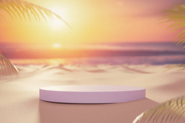 istock 3d podium with copy space for product display presentation on palm beach and sunset sky abstract background. Tropical summer and vacation concept. 1492626228