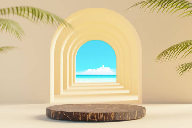 istock 3d podium with copy space for product display presentation on palm beach and blue sky abstract background. Tropical summer and vacation concept. 1492626309