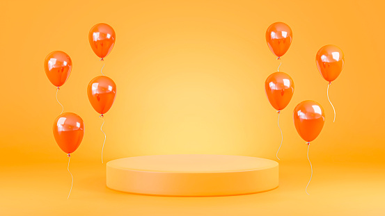 3D Render Orange balloons product display stage for presentation