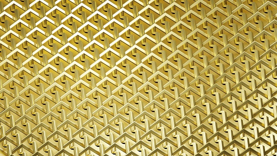 3D rendering of golden geometric mesh with interweaving of precious threads. Industrial golden lattice production background. Realistic gold illustration background