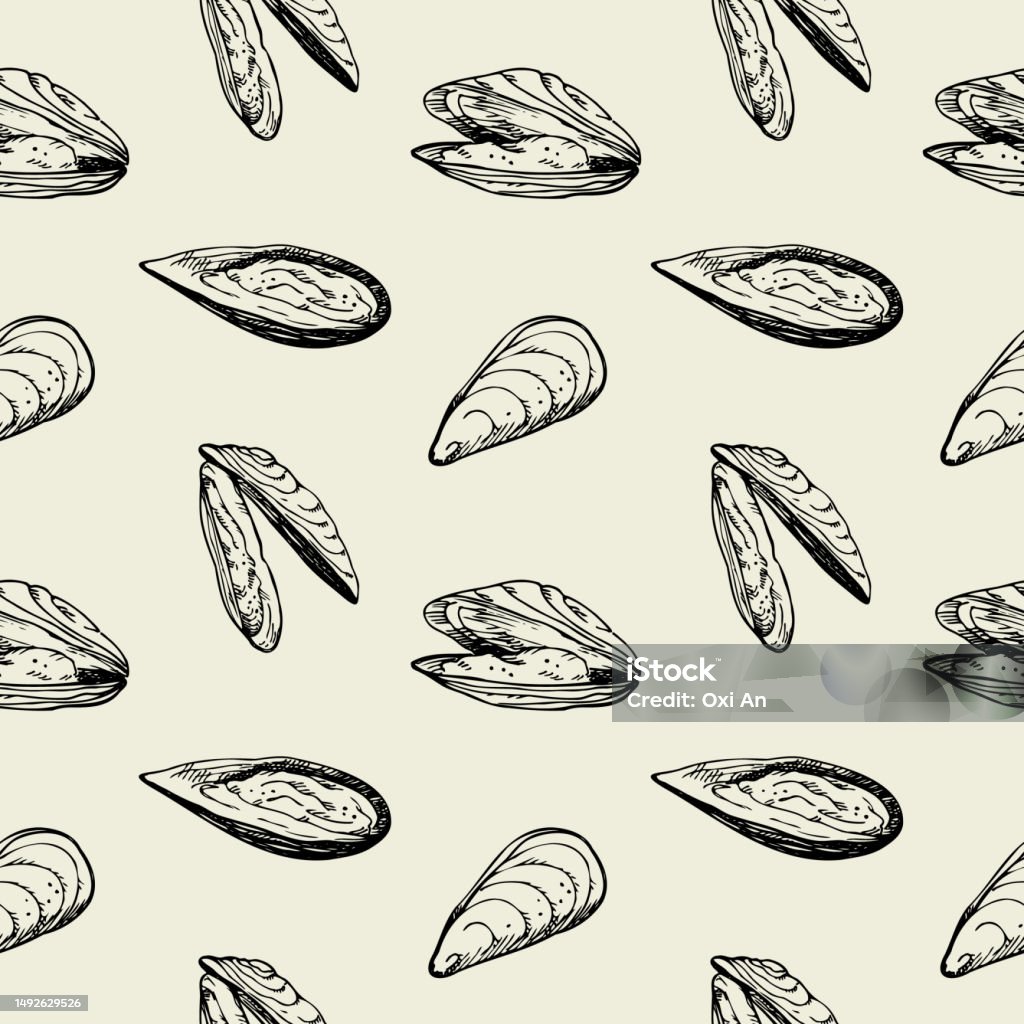 Mussels Design Mussels Hand Drawn Seamless Pattern With Shell Seafoodrepeating ...