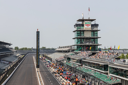 Indianapolis - Circa May 2023: Indy 500 practice sessions at Indianapolis Motor Speedway, including the IMS Pagoda. IMS is The Racing Capital of the World.