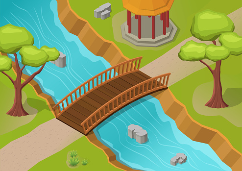 isometric river with wooden bridge across and park