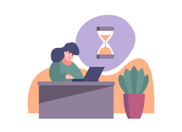 ilustrações de stock, clip art, desenhos animados e ícones de young lady sitting at table and working on laptop. hourglass counting time - hourglass time purple deadline