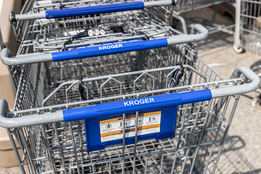 Indianapolis - Circa May 2023: Kroger Supermarket carts. Kroger is one of the largest grocery store chains in the United States.