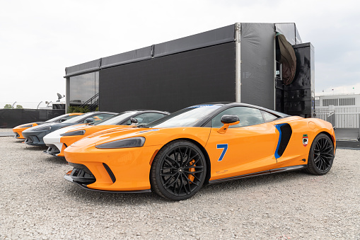 Indianapolis - Circa May 2023: McLaren GT display with a twin-turbocharged 4.0-liter V8 engine. McLaren offers the GT in a single trim level.