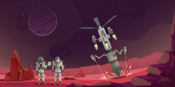 istock Robot driller extracts minerals on the surface of the planet. Drilling rig, laser beam, solar panel. Astronaut engineers control the mining process. Future technologies, sci-fi. Vector illustration. 1492633637