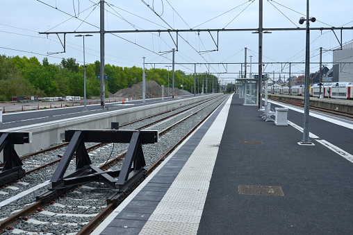 Blankenberge, West-Flanders, Belgium - May 22, 2023: view on renovated railway platform at Blankenberge railroad platforms