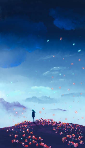 istock Girl silhouette standing on hill with colorful flowers and cloudy dark sky. Idylic stylize digital hand painted illustration background 1492635190
