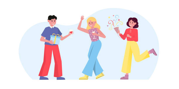 ilustraciones, imágenes clip art, dibujos animados e iconos de stock de grupo de personas celebrando juntos un evento festivo - three people women teenage girls friendship