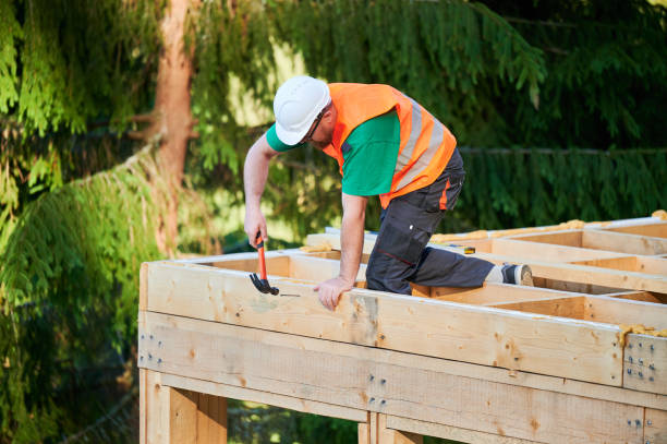 Carpenter hammering nail while constructing wooden frame two-story house near the forest. stock photo
