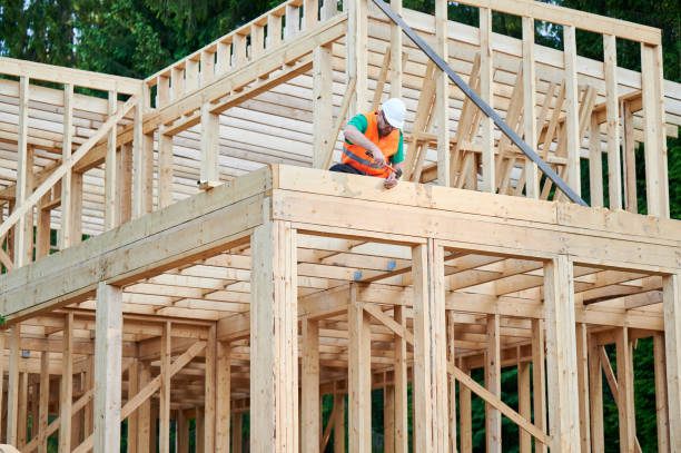 istock Carpenter hammering nail while constructing wooden frame two-story house near the forest. 1492639477