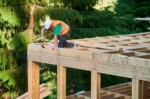 istock Carpenter hammering nail while constructing wooden frame two-story house near the forest. 1492639482