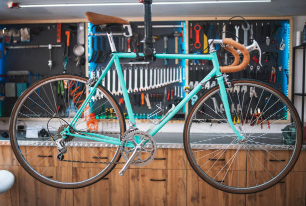 istock Retro style bicycle in a bike shop. 1492639757