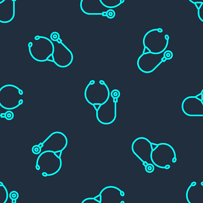 Green line Stethoscope medical instrument icon isolated seamless pattern on blue background. Vector.