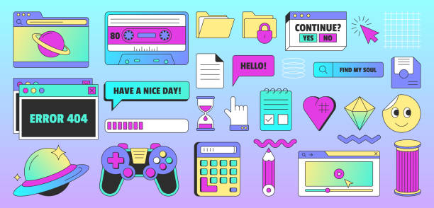 Retro user interface elements in vaporwave style Vintage user interface elements in vaporwave. Old ui design of dialogue window, system computer message, video player, screens, loading bar, file folders. Smile, planet and icons in trendy retro style windows folder icon stock illustrations