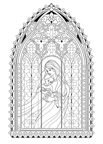 Beautiful Gothic stained glass window from French church with Madonna and child. Black and white drawing for coloring book. Medieval architecture in western Europe. Worksheet for children and adults.