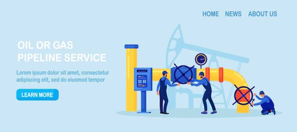 illustrations, cliparts, dessins animés et icônes de industrie pétrolière, production de gaz. les opérateurs contrôlent le transport du pétrole et du gaz de l’usine à l’oléoduc. ressources fossiles. produits pétroliers. des ingénieurs en tenue de travail inspectent les oléoducs - gauge gas fossil fuel fuel gauge