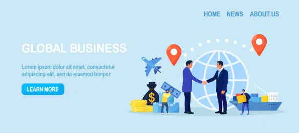 Vector illustration of International deal, global business. Diversity, globalization and collaboration. International business relationships, commercial cargo transportation by ships or airplane. Men sell goods around world