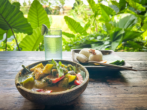 Healthy vegan Balinese tofu vegetable curry with view of garden and rice field.  Ubud, Bali, Indonesia.