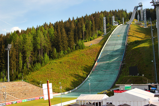 Klingenthal, Germany - May 22, 2023: Vogtland Arena, a ski jumping venue in Klingenthal, Germany. It features some of the most modern architecture among World Cup hills.