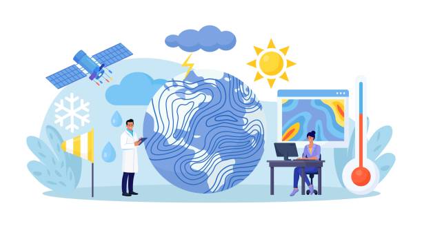 ilustraciones, imágenes clip art, dibujos animados e iconos de stock de meteorología, ciencias geofísicas. meteorólogos estudiando, investigando las condiciones climáticas. el meteorólogo predice el clima con servicio satelital, estación meteorológica e ingeniería espacial. ciencia planetaria - surveillance world map globe planet