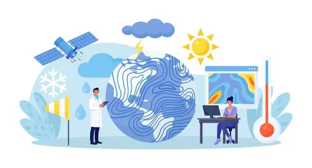 Vector illustration of Meteorology, geophysics science. Meteorologists studying, researching climate condition. Weather forecaster predict weather with satellite service, met station and space engineering. Planetary science