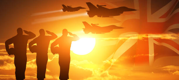 istock Group of aircraft fighter jet airplane. Union Jack flag. Great Britain. 3d illustration 1492647708