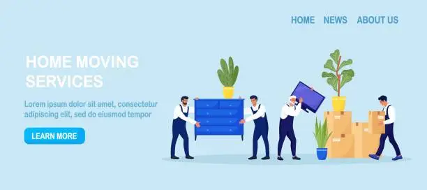 Vector illustration of Moving to new apartment. Home relocation. Delivery company services. Loaders in overalls taking home appliances, goods, plants out of apartment. Movers carrying cardboard boxes, assembling furniture