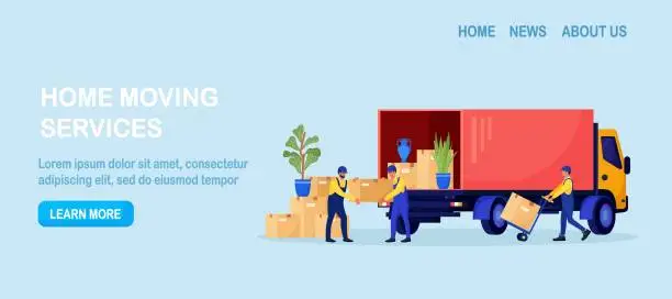 Vector illustration of Relocation, moving to new house. Man in overalls loading box in van. Professional delivery company, loader service. Workers carry goods and furniture using trolley. Pile of stacked boxes in truck