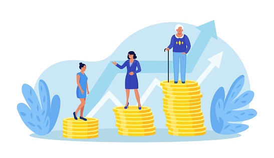 Retirement savings plan, financial investment growth. Pension management. Teenager, businesswoman, pensioner grandmother standing on stacks of gold coins money. People invest earning in pension fund