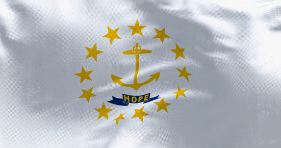 Close-up of the Rhode Island state flag waving. Gold anchor in the center surrounded by thirteen gold stars. 3d illustration render. Close-up. Textured fabric background.