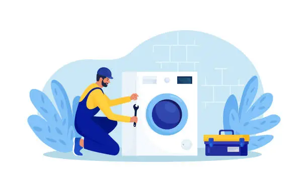 Vector illustration of Repairmen in uniform repair electrical washing machine with tool. Professional workers with wrench. Home masters fixing broken home appliance, plumbing. Electrician, plumber call. Repair service
