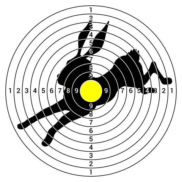 Vector illustration of Hunting target with running rabbit yellow center marked crosshair aim bullseye vector flat