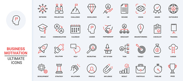 Red black thin line icons set for business challenge and motivation for career growth, professional ambitions and risks, success leadership and launch finance projects vector illustration.