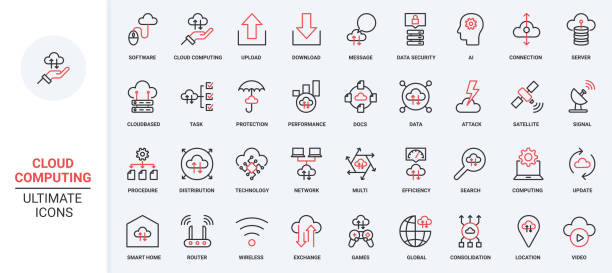 Cloud computing red black thin line data transfer trendy icons set vector illustration. Cloud computing trendy red black thin line icons set vector illustration. Automatic digital data transfer, download synchronization, information management storage, AI network platform, smart home cloud-computing stock illustrations