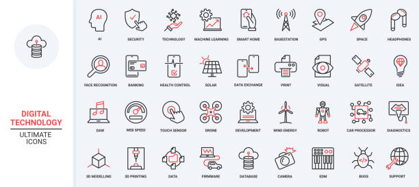 ilustrações de stock, clip art, desenhos animados e ícones de trendy ai machine learning, smart home and communication digital technology red black thin line icons set. - solar power station audio