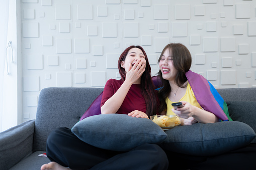 The LGBT couple watching a comedic drama on the sofa in the living room of their home. The couple laughed happily.