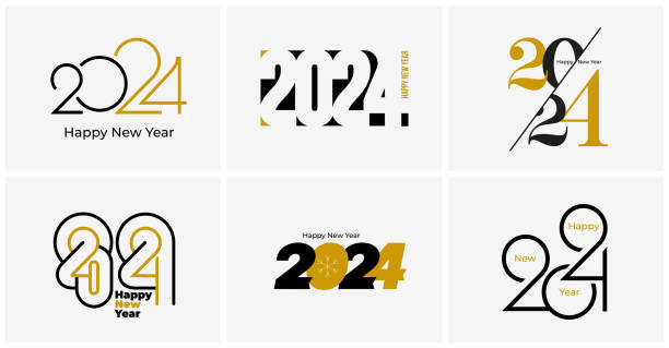 Black and gold Happy New Year 2024. Set of design with unique and modern numbers. Template premium design 2024 for calendar, poster, card, banner. Vector with creative labels isolated on background. vector art illustration