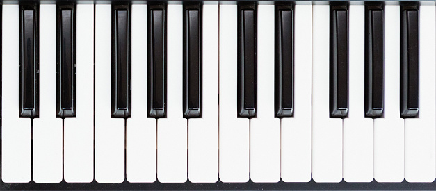 Two octaves of a piano keyboard, black and white notes.