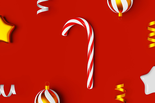 Christmas ornament candy cane balls shiny ribbons 3D rendering red background. Christmastide lollipop caramel stick Festive Xmas Saint Nicholas Day. Winter holiday seasonal decoration flat lay banner.