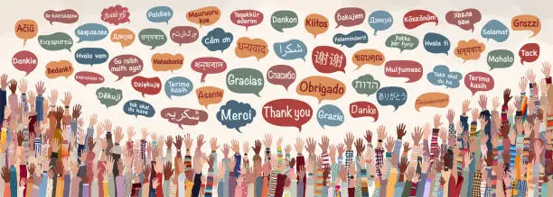 Vector illustration of Banner with many raised hands of multicultural people from different nations and continents with speech bubbles with text -thank you- in various international languages.Communication.Equal