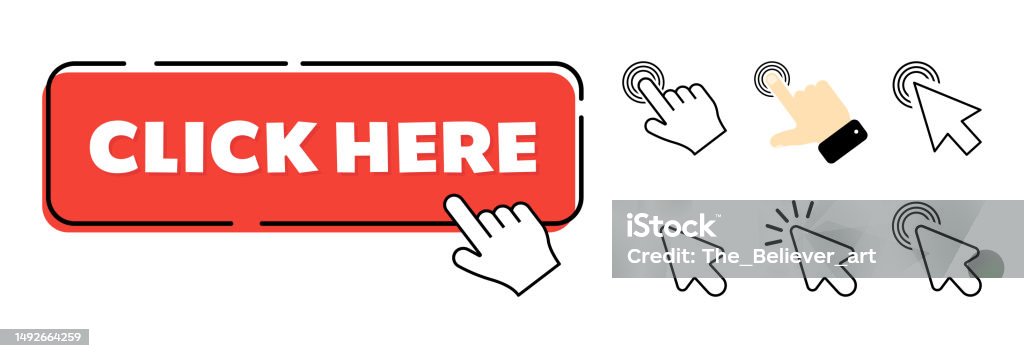Click Here Button With Hand Pointer Clicking Vector Illustration On A ...