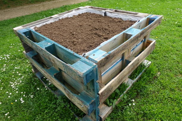 istock Large planters made with wooden loading pallets  Planters filled with soil for aromatic plants  City garden in Ile de France 1492664603