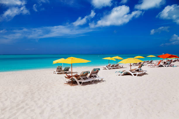 istock Lounge chairs and beach umbrellas on Grace Bay Beach 1492665525