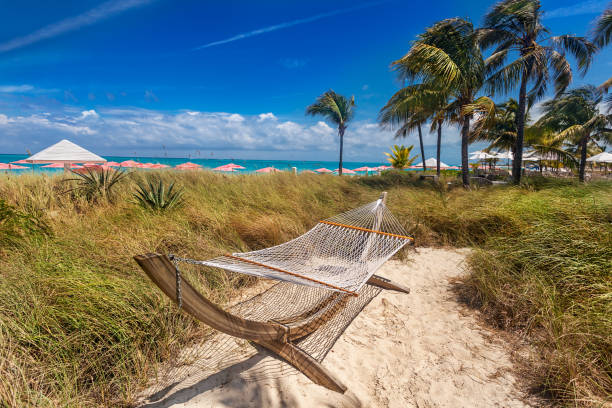 Hammock nestled in the dunes Hammock sits in the dunes on Grace Bay Beach, Turks and Caicos providenciales stock pictures, royalty-free photos & images