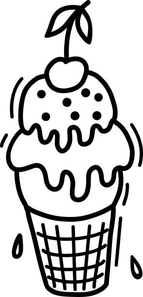 塗り絵用のベクターアイスクリーム。手描きのアイスクリームのかわいい漫画イラスト。アイスクリームとチェリーが入ったワッフルカップのイラスト。アイスクリームのかわいいベクター� - creamsicle点のイラスト素材／クリップアート素材／マンガ素材／アイコン素材