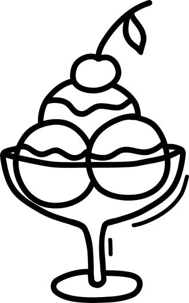 Vector illustration of Vector illustration of ice cream in a saucer, drawn by hand contour. Cute cartoon illustration for coloring books.   An element for design, mobile devices and a web application icon.