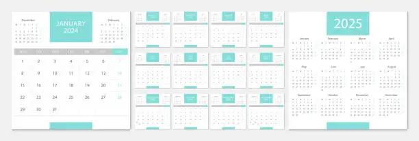 Vector illustration of Calendar 2024, calendar 2025 week start Monday corporate design planner template. Desk calendar 2024.