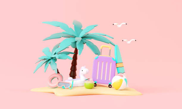 istock Summer time pink vacation beach with Minimal suitcase luggage, inflatable rings, other elements background concept, Display for Product mockup with summer pink theme. minimal cute design. 3d render. 1492670425